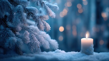 Wall Mural - Lit candle glowing softly in snowy forest beside tree trunk during winter daytime.