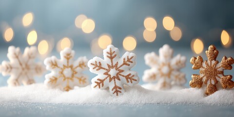 Sticker - Close-up of delicate snowflakes resting on white snow with a clear blue sky background.