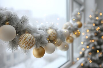 Sticker - Snow-covered window adorned with various hanging ornaments, creating a festive winter scene.
