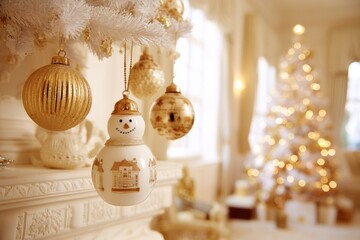 Wall Mural - Close-up of colorful Christmas ornaments hanging from a green tree mantle with warm indoor lighting.