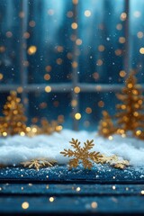 Sticker - Close-up of a snowflake resting on the ground with a blurred window in the background, natural light.