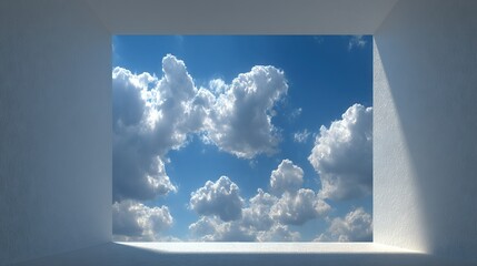 Wall Mural - a room featuring blue skies and white clouds viewed through a central square window