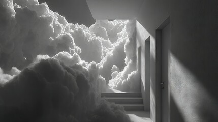 Wall Mural - a monochrome image of a spiral staircase ascending into a hazy sky, adjoining an entrance to another