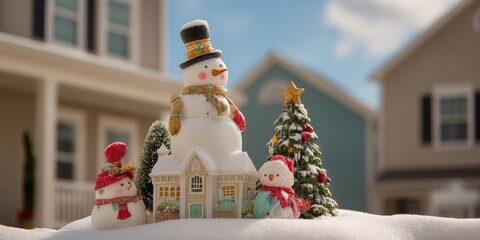 Sticker - Snowman next to a small house covered in snow during daytime winter landscape.