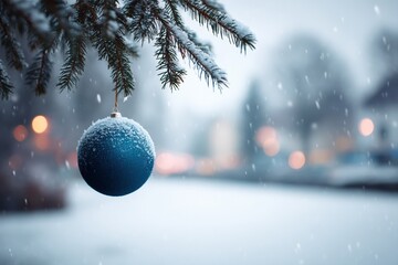 Wall Mural - Blue Christmas ornament hanging on a snow-covered tree branch in a winter outdoor setting.