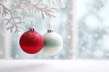 Wall Mural - Two red Christmas ornaments hanging from a snow-covered tree branch in a winter outdoor setting.
