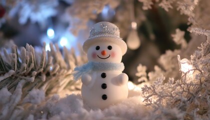 Sticker - A white snowman with a carrot nose sitting on fresh snow under a clear daytime sky.