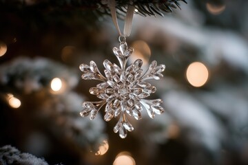 Wall Mural - Close-up of a white snowflake ornament hanging on a green Christmas tree with soft bokeh lights.
