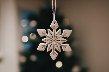 Wall Mural - White snowflake ornament hanging on a string against a blurred light background, festive winter decoration.