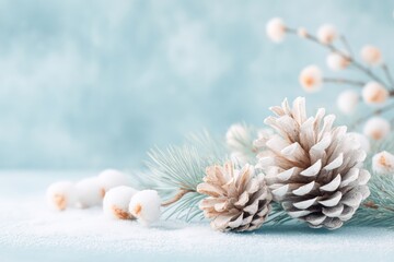 Wall Mural - Pine cones and red berries resting on fresh white snow in a natural winter outdoor setting.