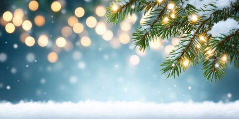 Wall Mural - Snow-covered pine branches with warm bokeh lights in the background, creating a festive winter ambiance.