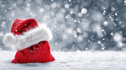 Wall Mural - Red Santa hat resting on a beige bag in white snow, winter outdoor scene with soft daylight.