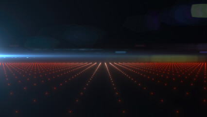 Poster - A futuristic red neon grid landscape with a glowing horizon, evoking a retro-futuristic and sci-fi aesthetic background