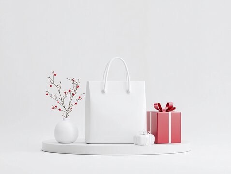 White Shopping Bag and Red Gift Box on White Platform