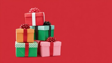 Wall Mural - Close-up of a colorful stack of wrapped gift boxes on a vibrant red background, perfect for holiday themes.
