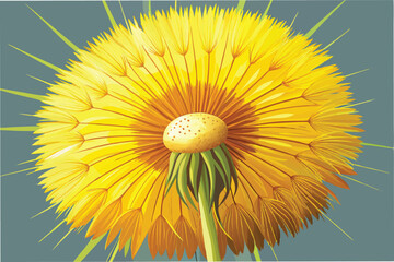 Poster - Vibrant vector illustration of a detailed yellow dandelion flower showcasing intricate petal design against a soft blue background