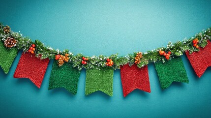 Wall Mural - Close-up of festive Christmas garland featuring red berries and pine cones with green foliage.