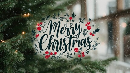Wall Mural - Red Christmas ornament hanging on snow-covered evergreen tree branch in soft daylight.