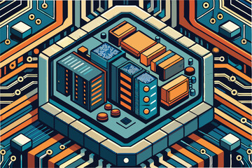 Poster - Colorful vector illustration of a detailed circuit board featuring a central processing unit and interconnected electronic components