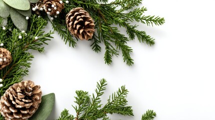 Wall Mural - Close-up of a brown pine cone with green evergreen branches and white berries on a blurred background.