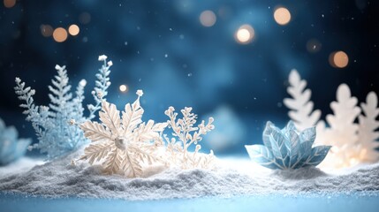 Sticker - Close-up of white snowflakes falling against a soft-focus winter background during daylight.