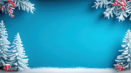 Wall Mural - Snow-covered trees with red berries against a clear blue sky in a bright winter landscape.