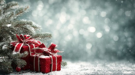 Wall Mural - Red gift box with bow on white snow, bright winter setting, isolated holiday present outdoors.