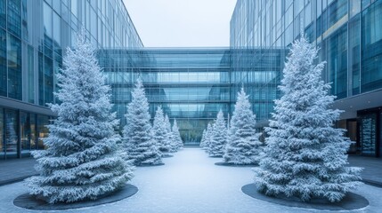 Wall Mural - Snow-covered trees fill a courtyard under soft daylight, showcasing a serene winter landscape.