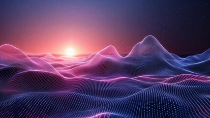 Poster - digital sunset landscape: neon mountains and starry sky