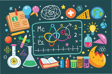 Leinwandbilder - Creative vector illustration of science elements featuring formulas, laboratory equipment, and symbols representing various scientific disciplines and discoveries