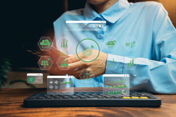 Poster - Modern Technology Integration with Data Analytics and Sustainable Development Concepts on Digital Interface, Business concept