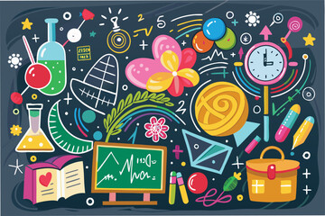Leinwandbilder - Creative vector illustration of science elements featuring formulas, laboratory equipment, and symbols representing various scientific disciplines and discoveries