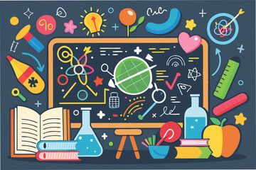 Leinwandbilder - Creative vector illustration of science elements featuring formulas, laboratory equipment, and symbols representing various scientific disciplines and discoveries