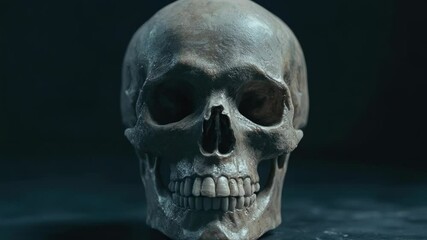 Poster - A close-up shot of a skull on a table, often used as a symbol or motif in various contexts