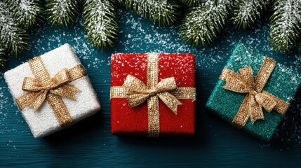 Wall Mural - three wrapped gifts with snow on them sit on a wooden table outdoors in daylight winter setting.