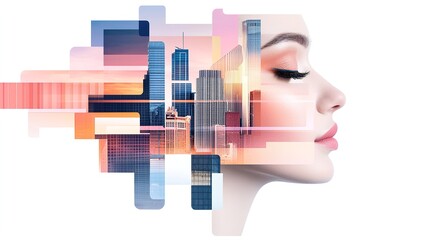 Poster - Woman Profile with Layered Cityscape Double Exposure