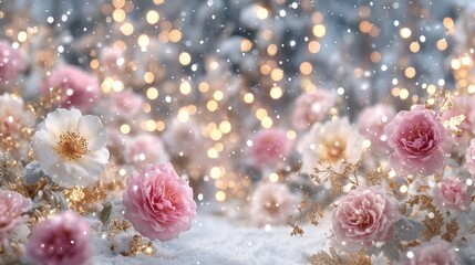 Wall Mural - pink and white flowers blooming amid fresh snow in a cold outdoor winter setting.