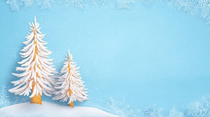 Wall Mural - Two bare trees stand isolated in a snowy landscape under a clear, bright winter sky.