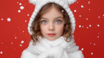 Wall Mural - little girl in white coat and hat looking away, soft natural light, neutral background, winter outfi