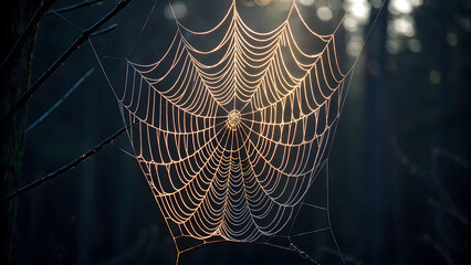 Delicate spider web illuminated by morning light in a moody forest scene