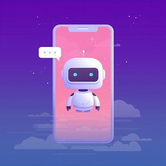 Poster - Vector illustration of AI chatbot assistant on mobile screen, futuristic but minimal design