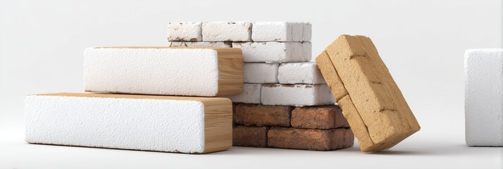 Poster - Clean Render of Bricks, Foam Blocks, Wood, and Glue With a White Top Margin for Design Use and Architectural Visualization