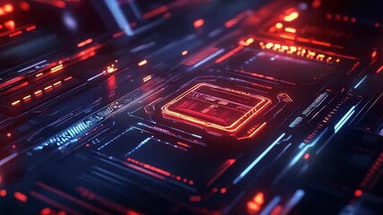 Fototapete - Futuristic Circuit Board: Red and Blue Neon Glow