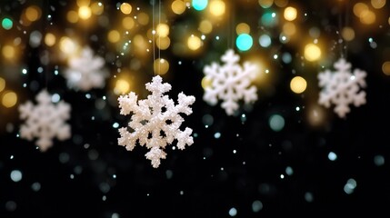 Wall Mural - Delicate snowflakes hanging on strings against a dark background, creating a festive winter decoration.