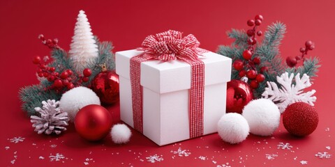 Wall Mural - White gift box with a red ribbon and festive decorations on a clean white background.