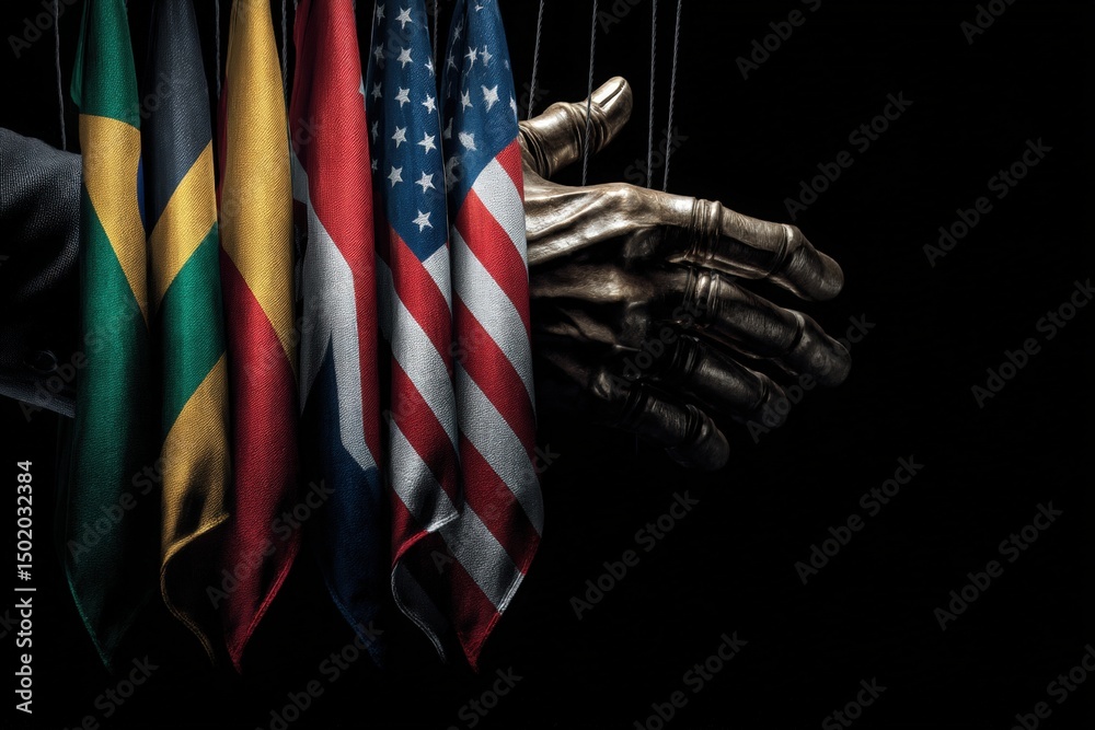 A collection of flags from different countries hangs downward while a puppet-like hand manipulates them against a dark background. This artwork conveys themes of power and influence in global affairs.