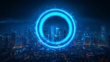 Poster - Futuristic Cityscape:  A Glowing Ring Encircles a Vibrant Metropolis at Night