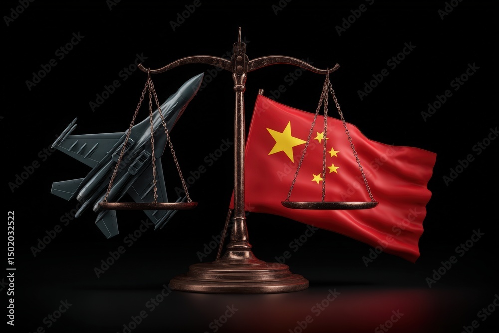 A scale balances a model jet on one side and a flowing Chinese flag on the other. This symbolizes the complex relationship between military strength and justice in global affairs.