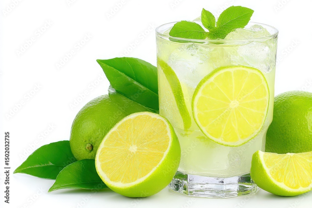 A cold beverage featuring lime slices and fresh mint leaves, served over ice in a glass. Surrounded by whole and halved limes, it offers a vibrant and refreshing look.