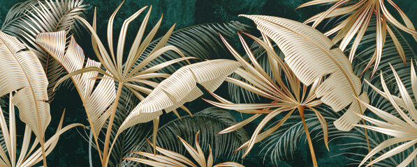Wall Mural - tropical art background with hand drawn exotic plant leaves in gold line style. botanical banner for